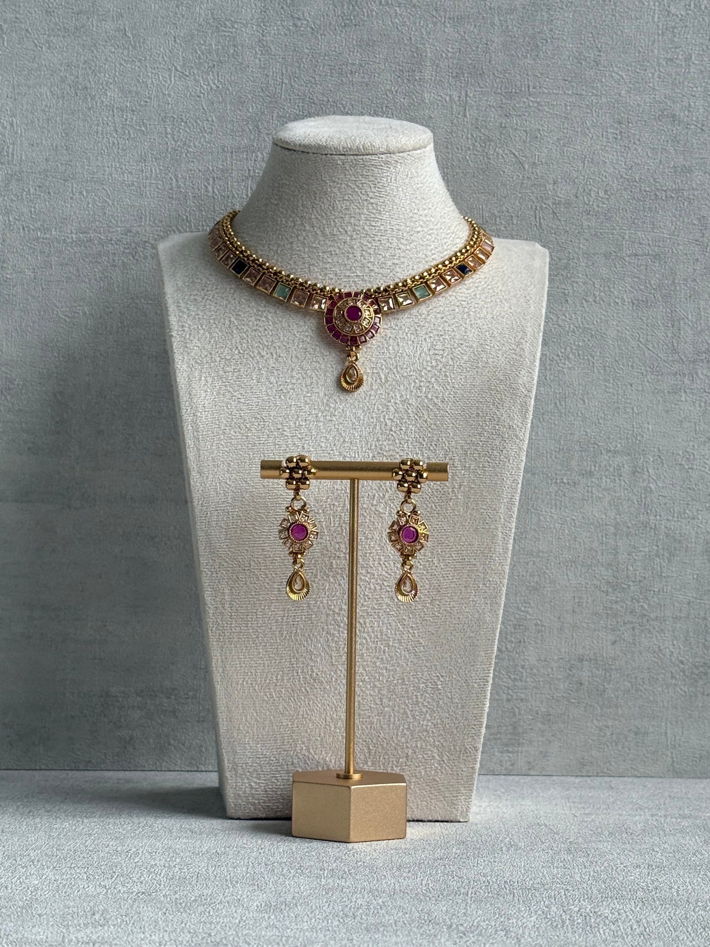 Ayura Designs Nithya Set – Gold Necklace & Earrings with Multicolour Stones and Ruby Centre