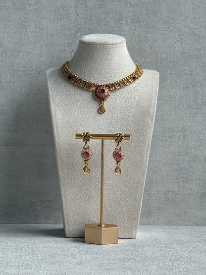 Ayura Designs Nithya Set – Gold Necklace & Earrings with Multicolour Stones and Ruby Centre