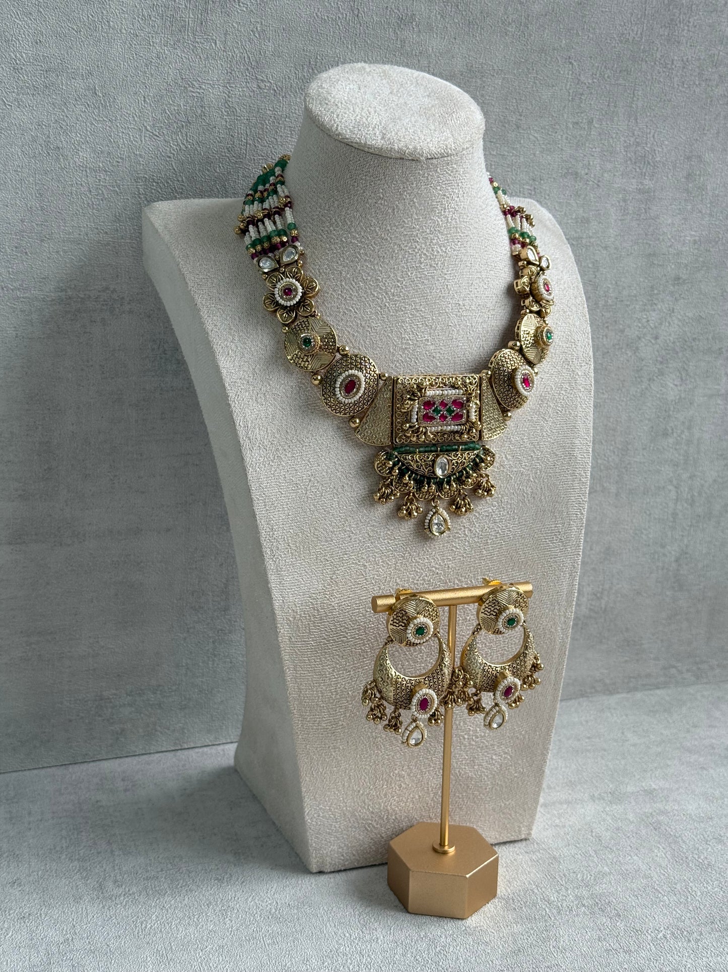 Ayura Designs Purvi Set – Necklace & Earrings with Antique Gold Filigree, Ruby, Emerald & Pearl Detailing
