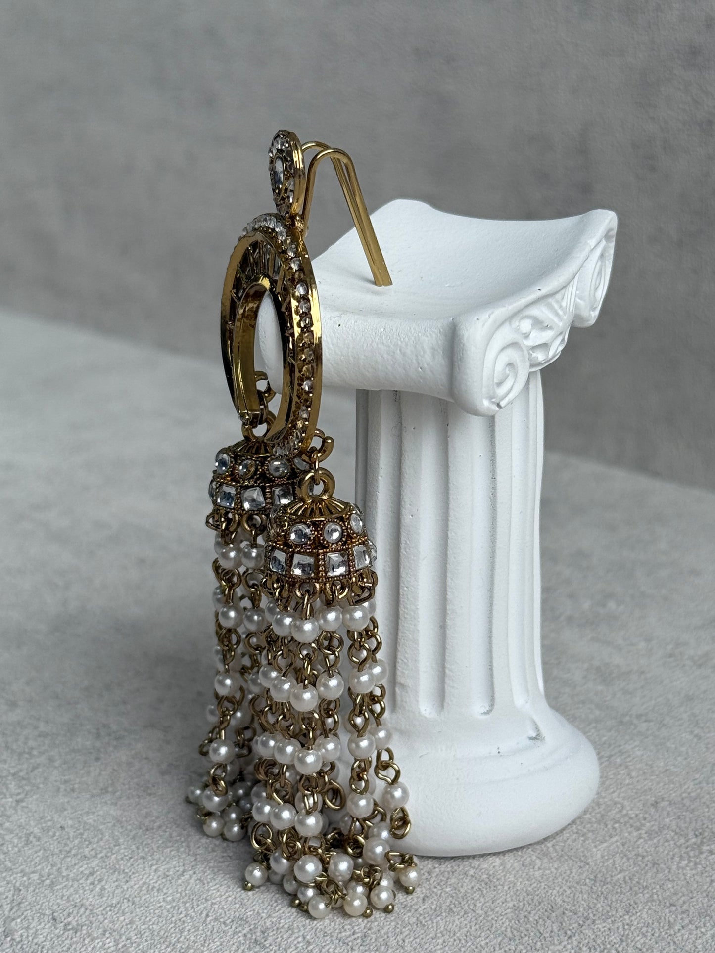 Ayura Designs Chand Hair Brooch – Crescent Polki Design with Pearl Tassels & Antique Gold Finish