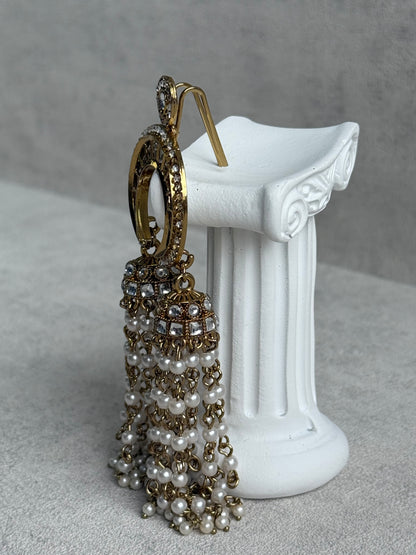 Ayura Designs Chand Hair Brooch – Crescent Polki Design with Pearl Tassels & Antique Gold Finish