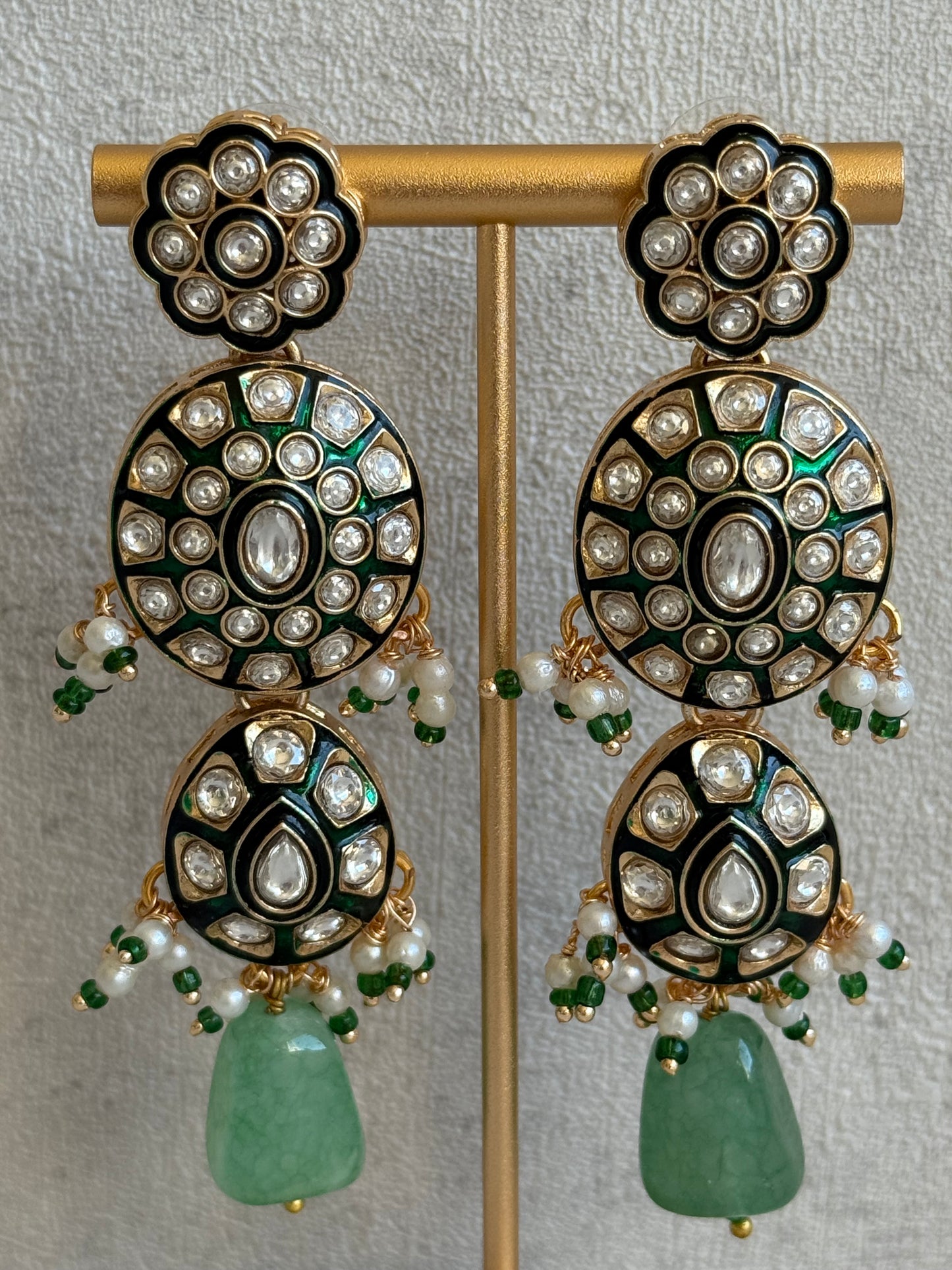 Ayura Designs Sumaira Set with Passa – Necklace, Earrings, Tikka & Passa with Kundan, Green Meenakari Detailing & Jade Green Drops