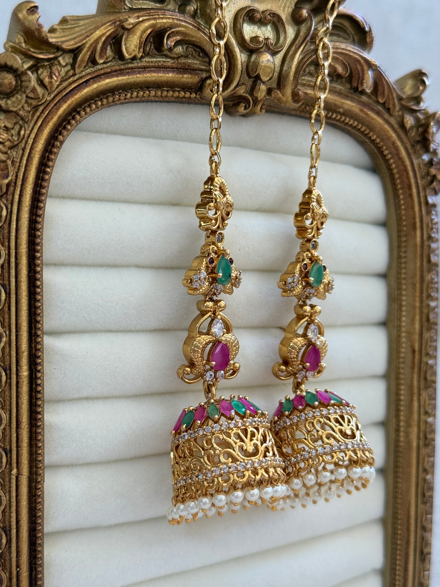 Ayura Designs Alar Jhumkis – Ear Climber in Antique Gold with Emerald & Pink Stones and Pearl Drops