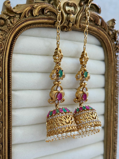 Ayura Designs Alar Jhumkis – Ear Climber in Antique Gold with Emerald & Pink Stones and Pearl Drops