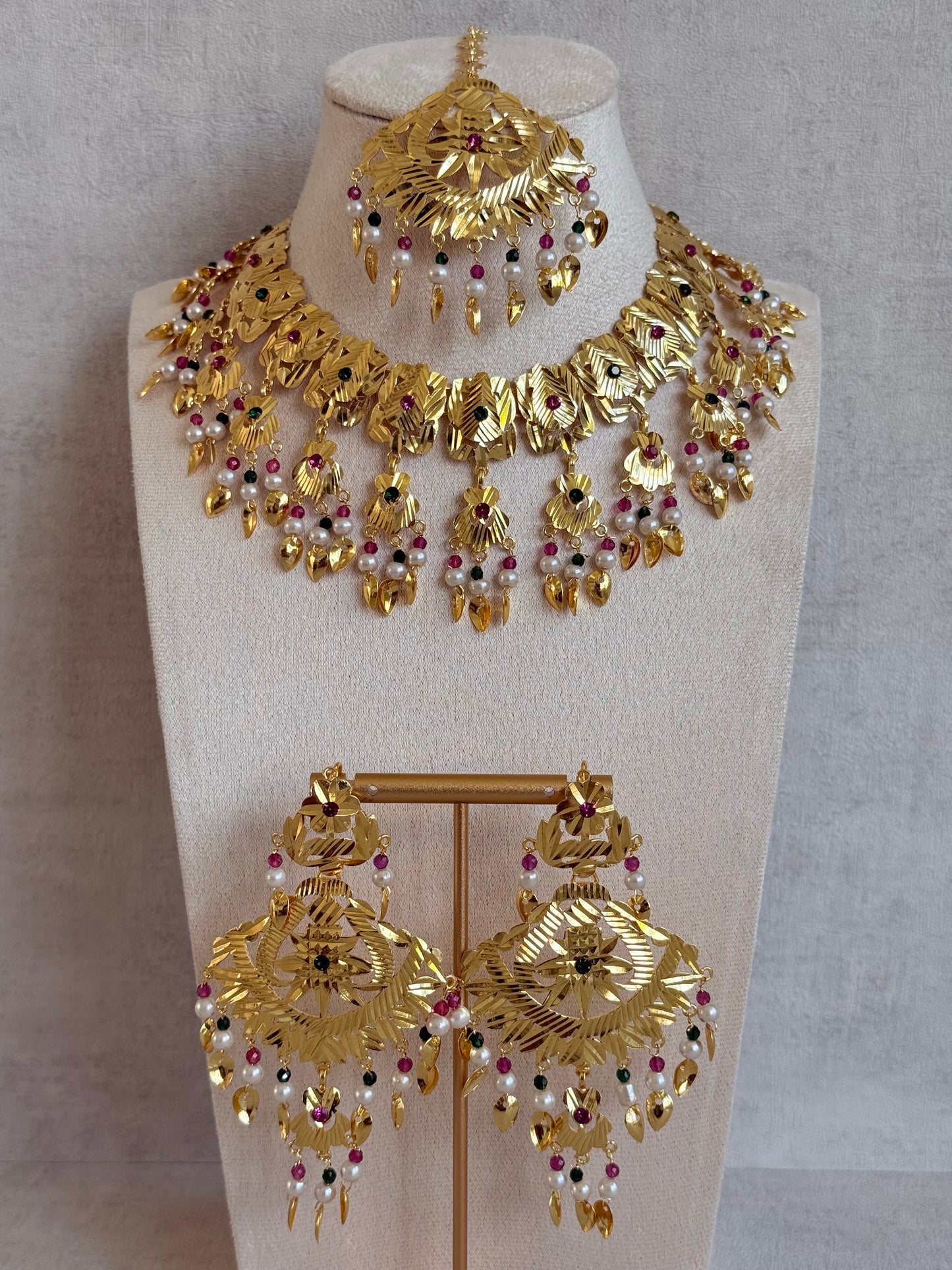 Ayura Designs Baisakhi Set with Earrings & Tikka – Gold Pipal Patti Design with Ruby Pink, Emerald Green & Pearl Detailing