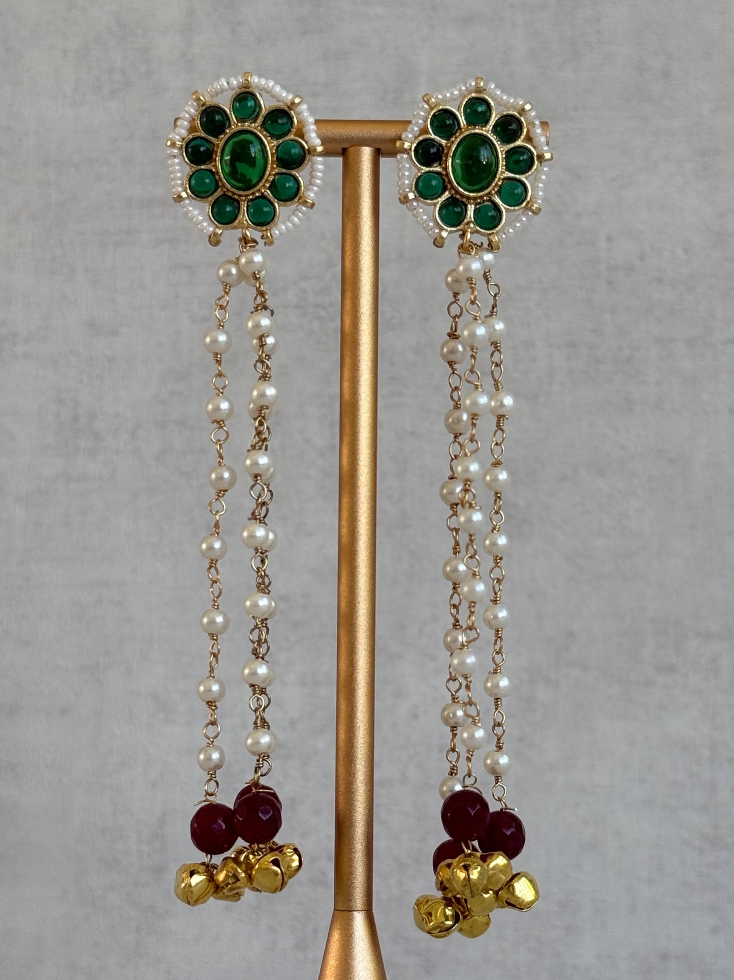 Ayura Designs Noorzar Earrings – Duster Earrings with Emerald Green Stones, Ruby Red Beads & Pearl Chains