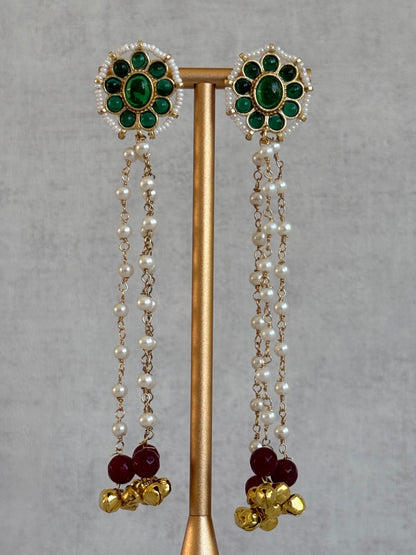 Ayura Designs Noorzar Earrings – Duster Earrings with Emerald Green Stones, Ruby Red Beads & Pearl Chains