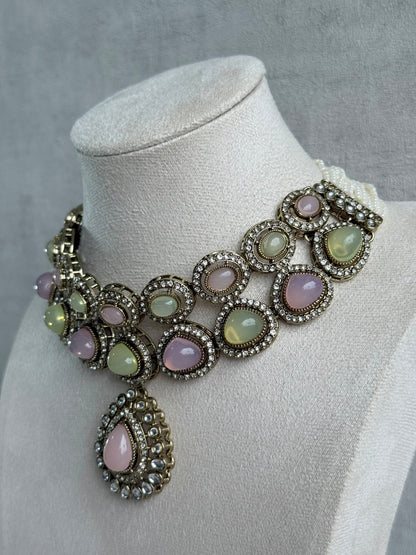 Ayura Designs Tamara Set with Necklace, Earrings & Tikka – Blush Pink & Pistachio Green Stones with Kundan Detailing in Antique Gold Finish