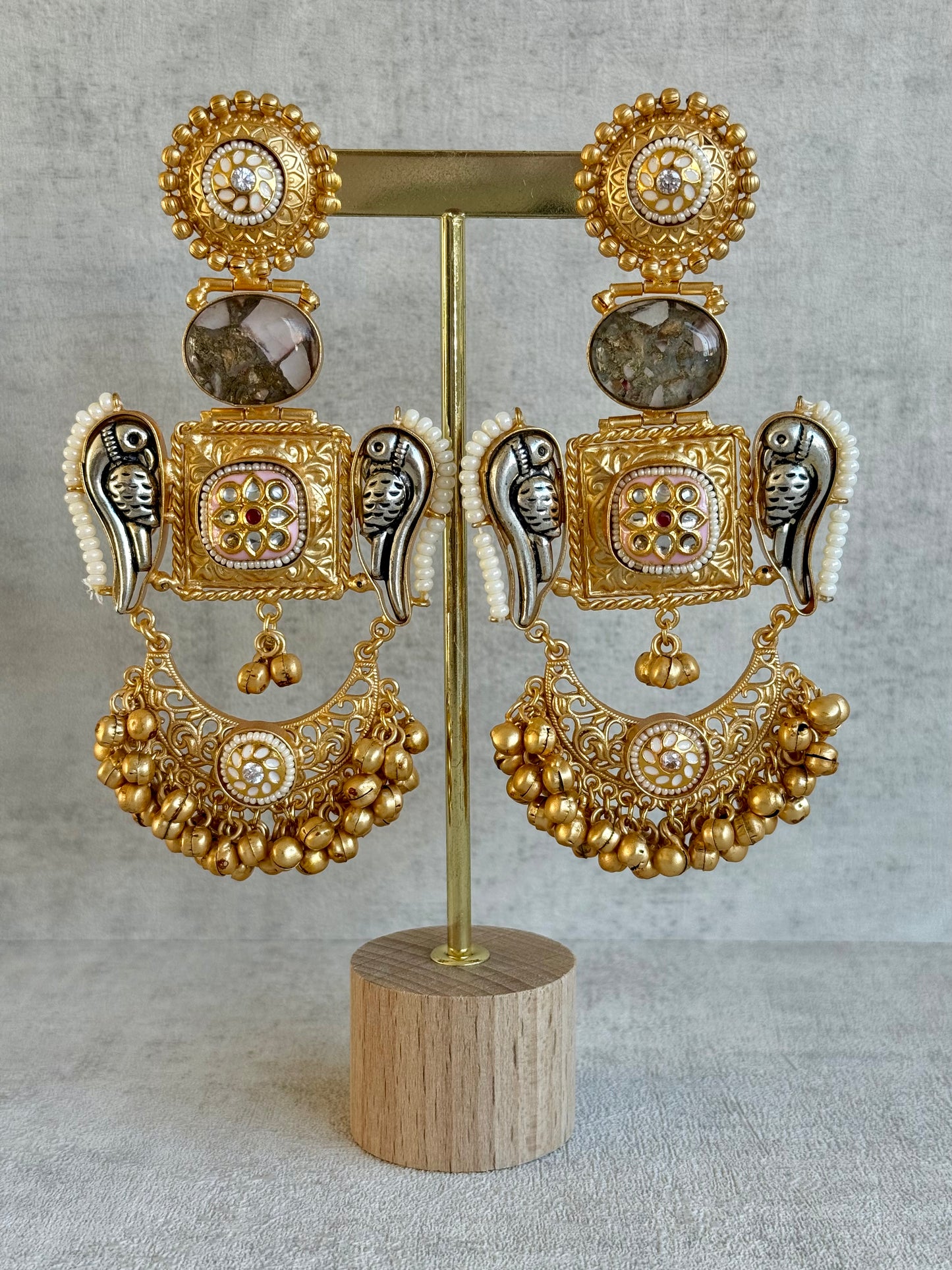 Ayura Designs Soha Earrings – Antique Gold with Smoky Grey Stone & Oxidised Parrots