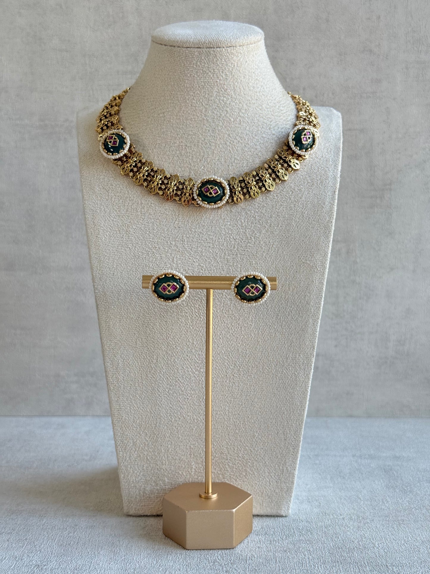 Ayura Designs Lajita Necklace Set with Stud Earrings – Emerald Green & Rani Pink with Pearl & Statement Floral Link Design
