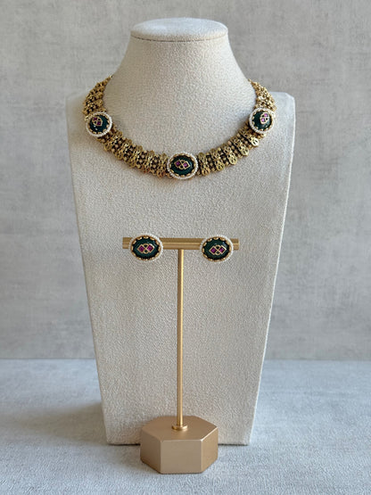 Ayura Designs Lajita Necklace Set with Stud Earrings – Emerald Green & Rani Pink with Pearl & Statement Floral Link Design