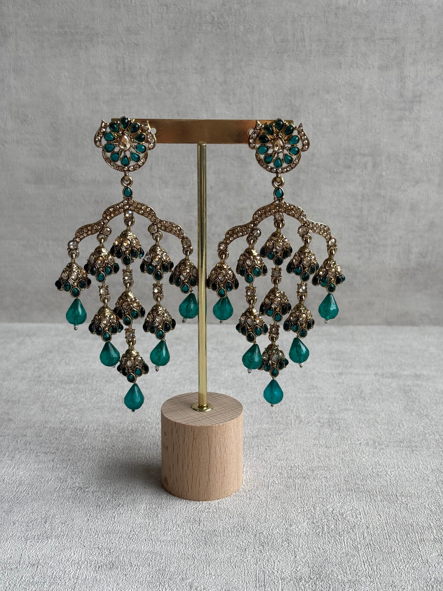 Ayura Designs Jasmine Earrings – Chandelier Earrings with Teal Green Beads & Antique Gold Detailing