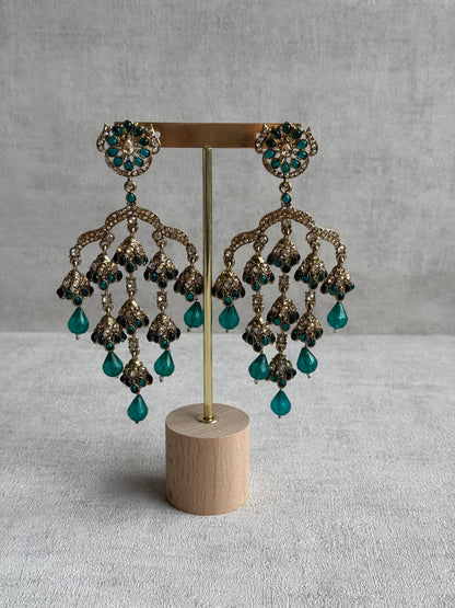 Ayura Designs Jasmine Earrings – Chandelier Earrings with Teal Green Beads & Antique Gold Detailing