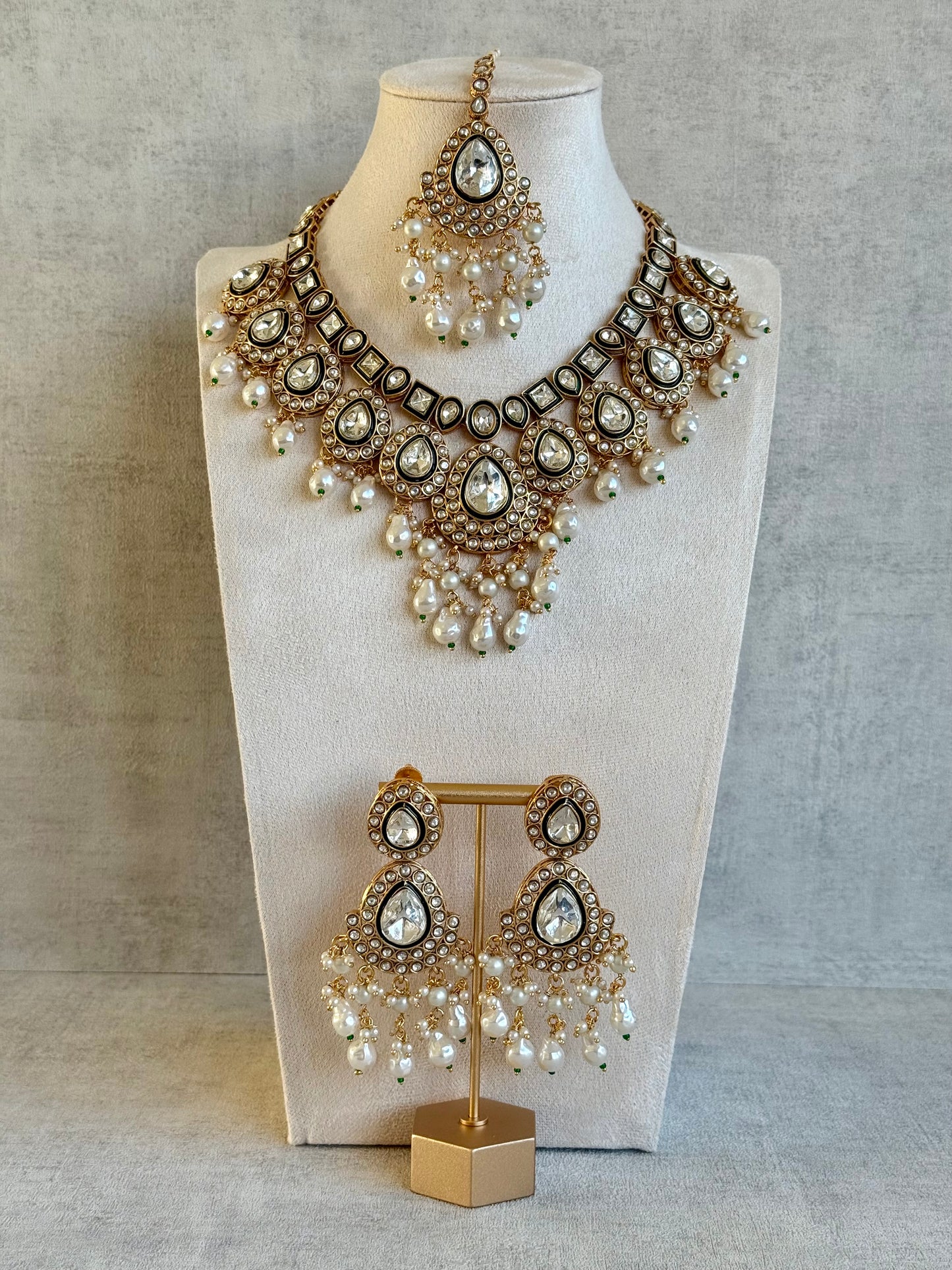 Ayura Designs Ishyat Set with Necklace, Earrings & Tikka – Kundan Detailing, Ivory Pearl Drops