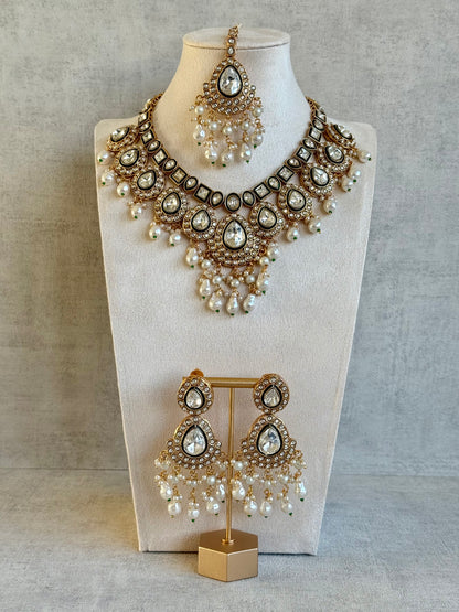 Ayura Designs Ishyat Set with Necklace, Earrings & Tikka – Kundan Detailing, Ivory Pearl Drops