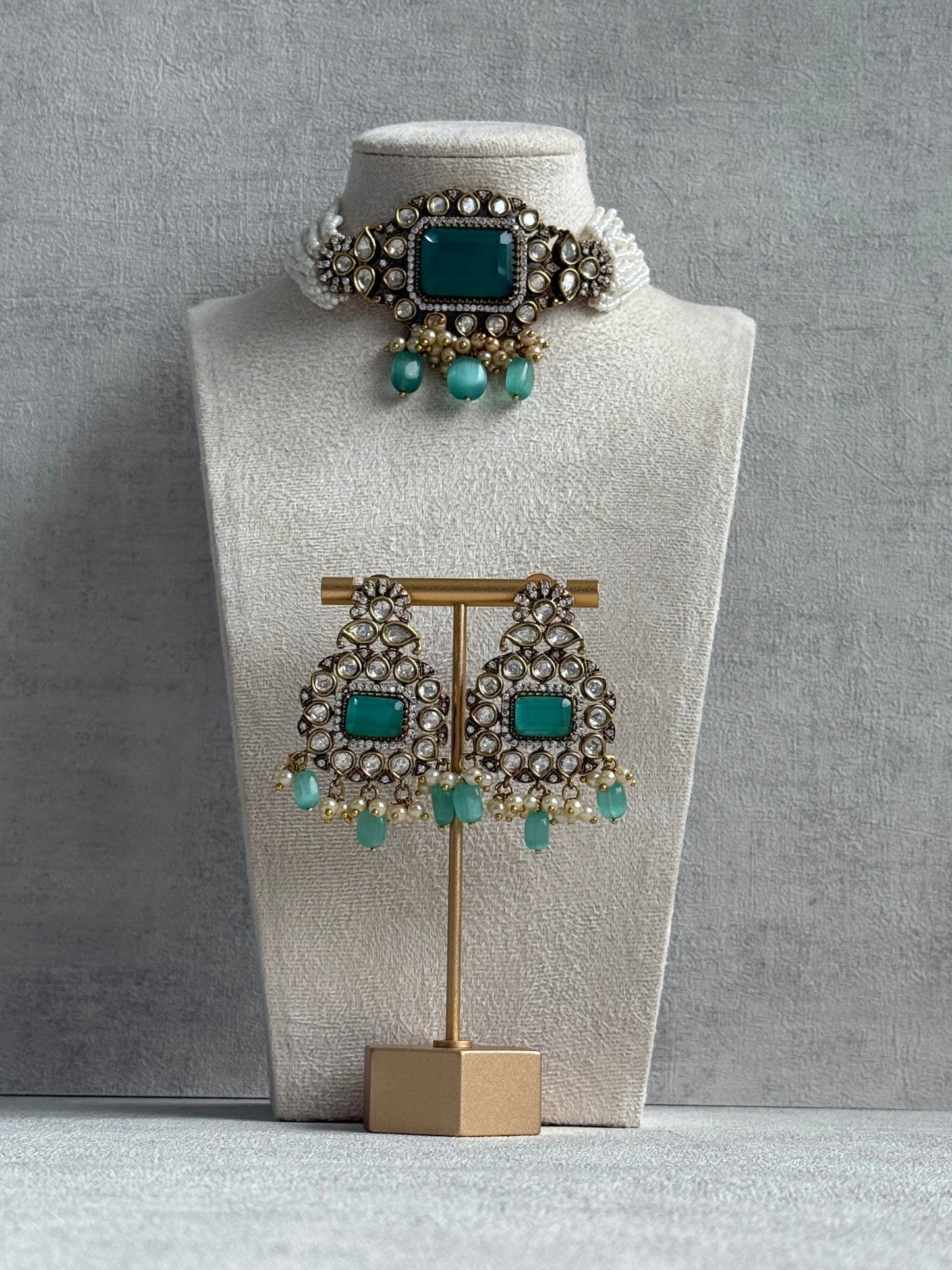 Ayura Designs Eva Choker Set with Earrings – Mirror-Cut Kundan, Pearl Strands & Mint-Green Stones in Antique Gold Finish