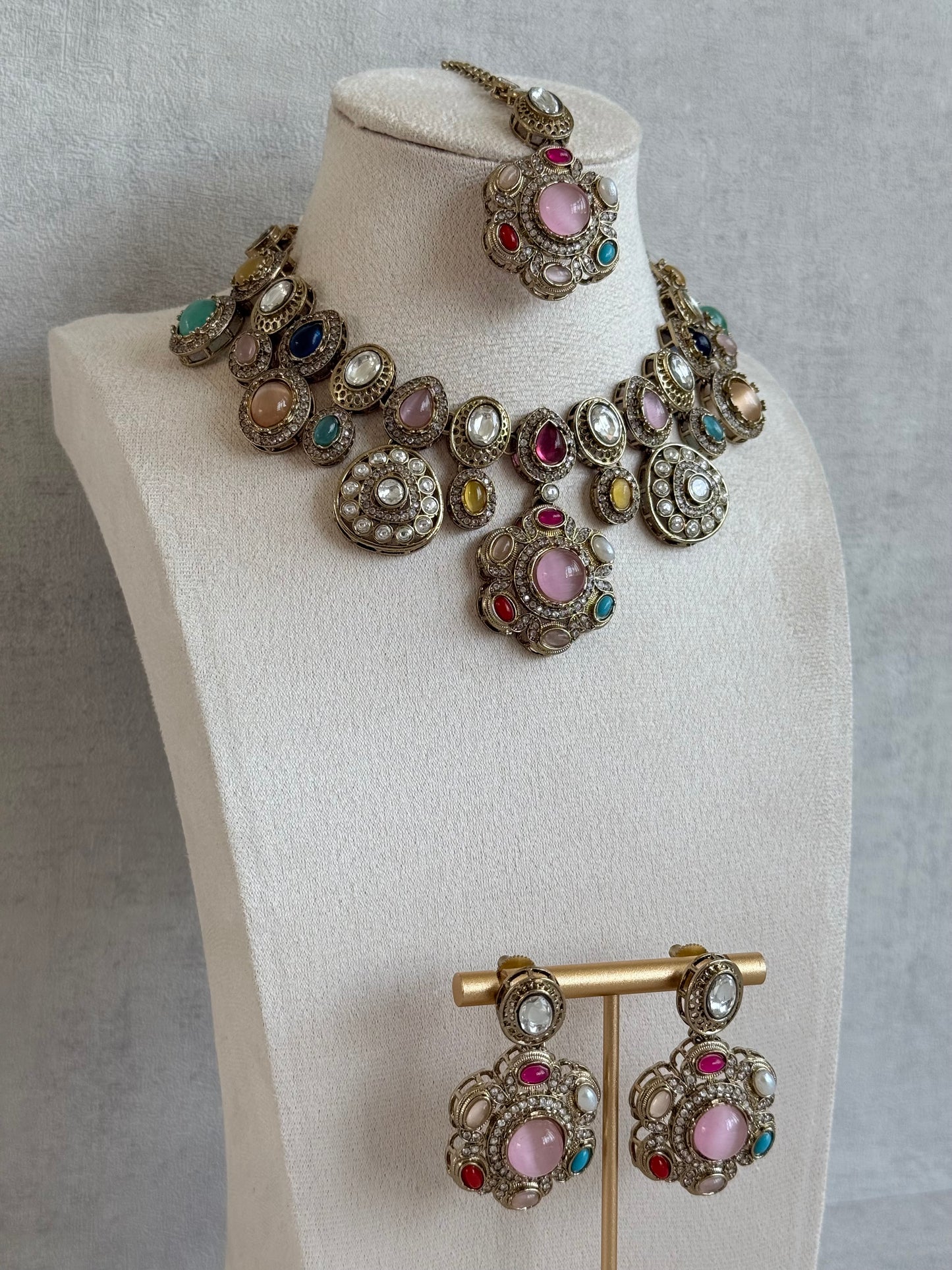 Ayura Designs Elvira Necklace Set with Earrings & Tikka – Multicolour Stone Necklace with Pink Centre Stones & Pearl Detailing
