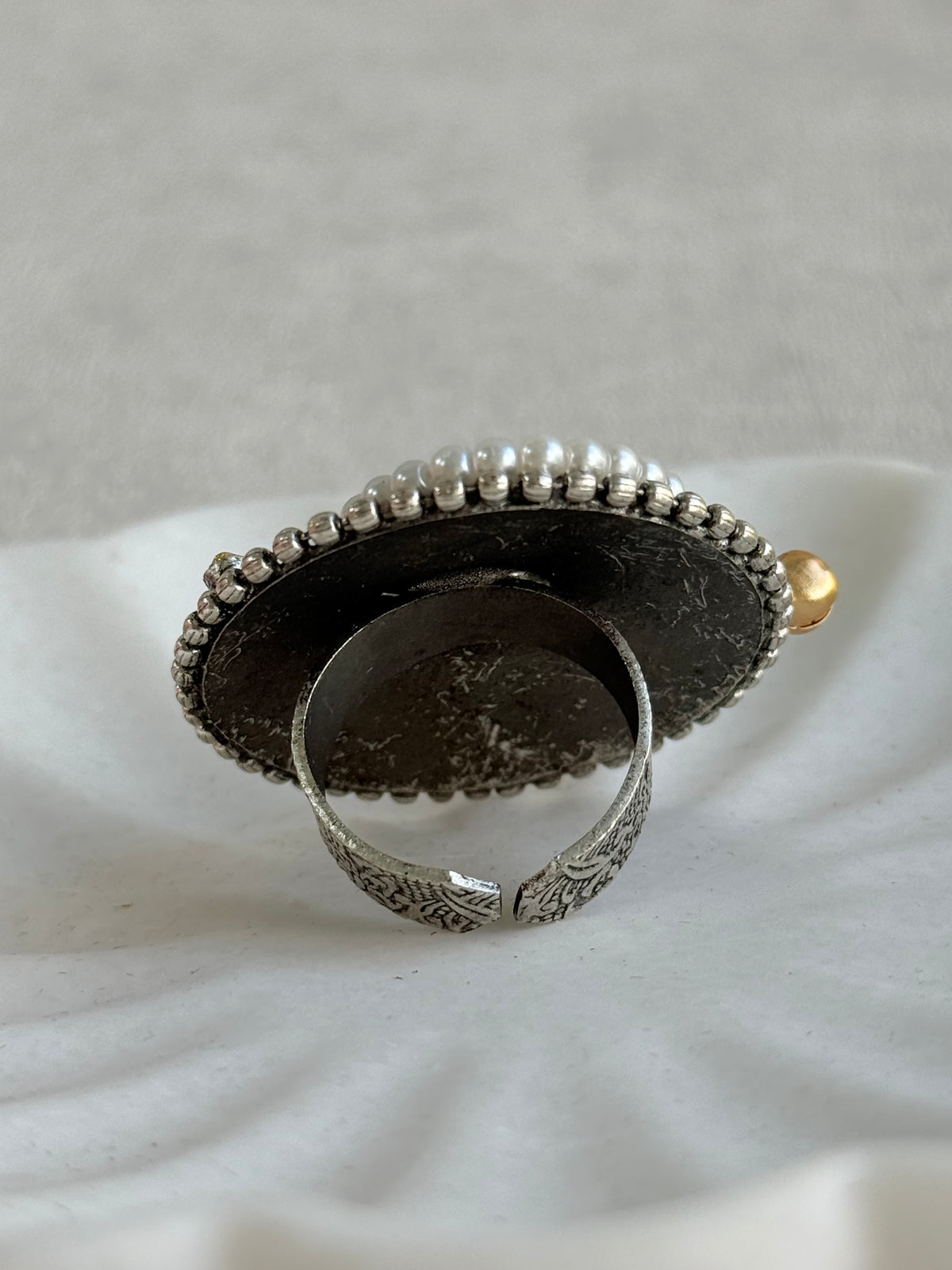 Ayura Designs Mihika Adjustable Ring – Oxidised Statement Ring with Green Stone, Pearl Detailing & Parrot Motif