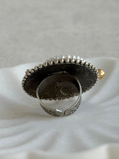 Ayura Designs Mihika Adjustable Ring – Oxidised Statement Ring with Green Stone, Pearl Detailing & Parrot Motif