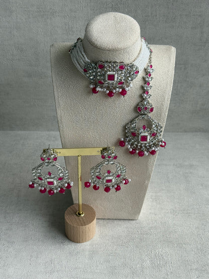 Ayura Designs Geet Set – Choker, Earrings & Tikka with Fuchsia Stones, Pearls & Silver Finish