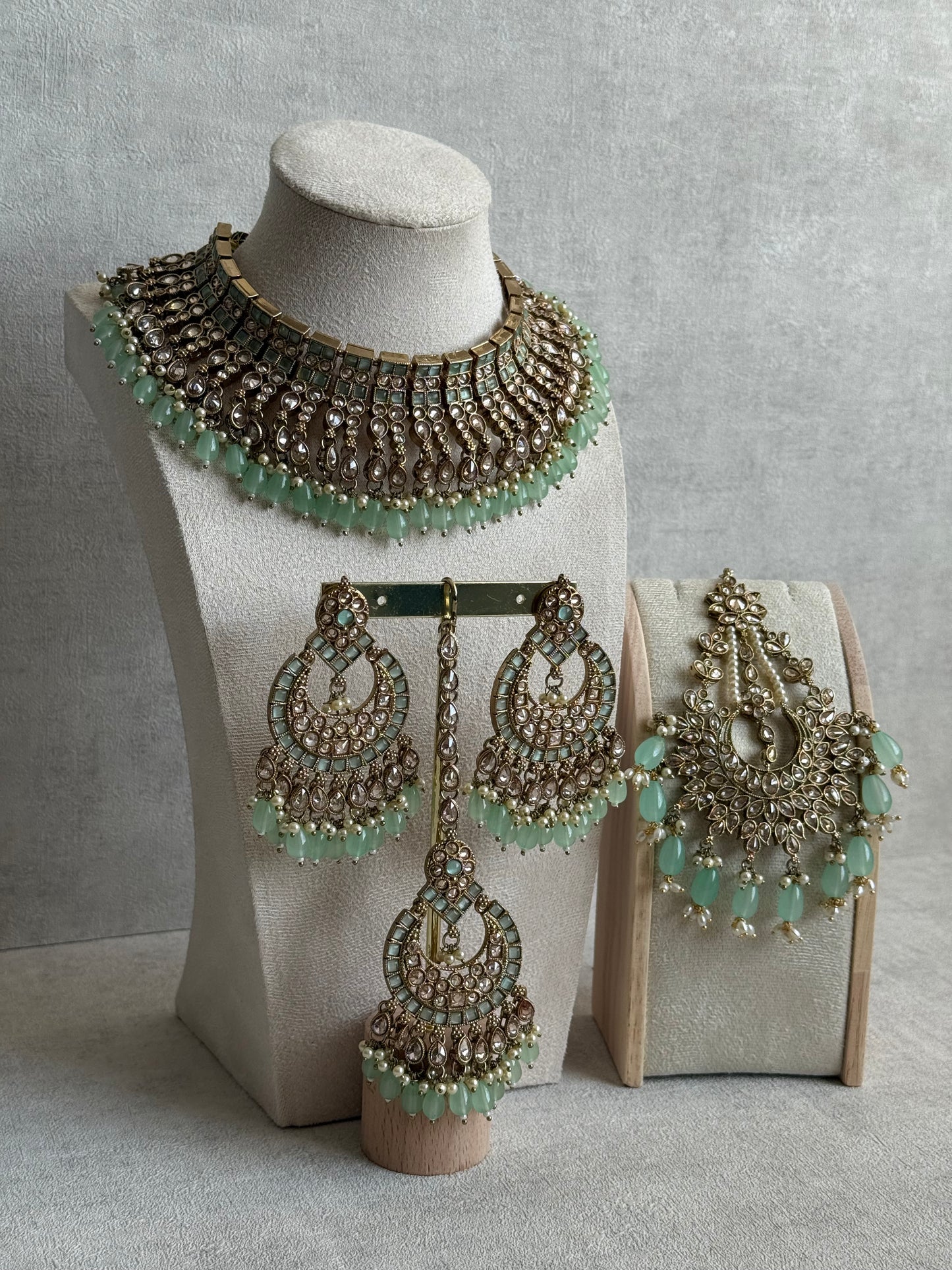 Ayura Designs Sajda Bridal Set with Necklace, Earrings, Tikka & Passa – Pistachio Green Beads, Kundan & Mirror-Cut Detailing