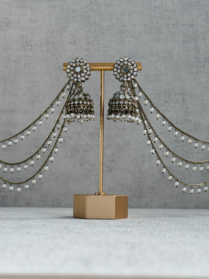 Ayura Designs Aks-e-Noor Jhumkis – Antique Gold Mirror & Crystal Earrings with Detachable Triple-Layer Pearl Sahare