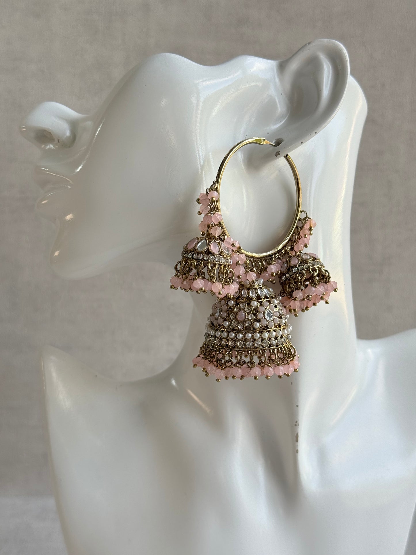 Ayura Designs Jindri Balis – Blush Pink & Antique Gold Triple Jhumki Earrings with Mirror-Cut Stones & Pearl Detailing