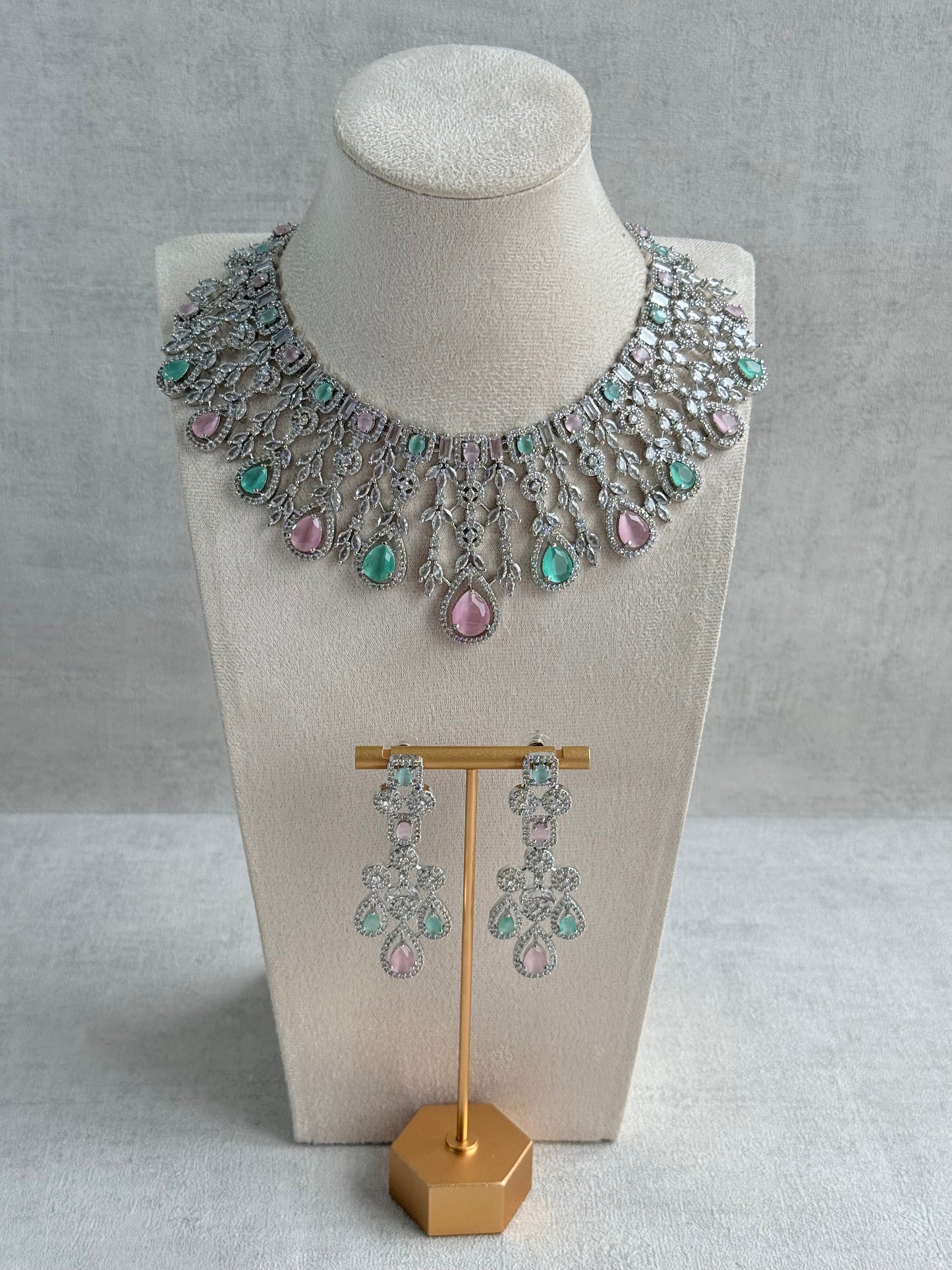 Ayura Designs Skye Necklace Set with Earrings – Blush Pink & Mint Green Stones with Crystal Detailing in Silver Finish