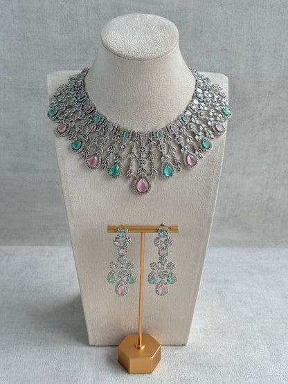 Ayura Designs Skye Necklace Set with Earrings – Blush Pink & Mint Green Stones with Crystal Detailing in Silver Finish