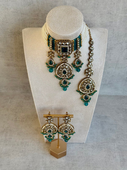 Ayura Designs Zarmeen Choker Set with Earrings & Tikka – Mirror-Cut Stones, Antique Gold Finish and Teal Green Beads