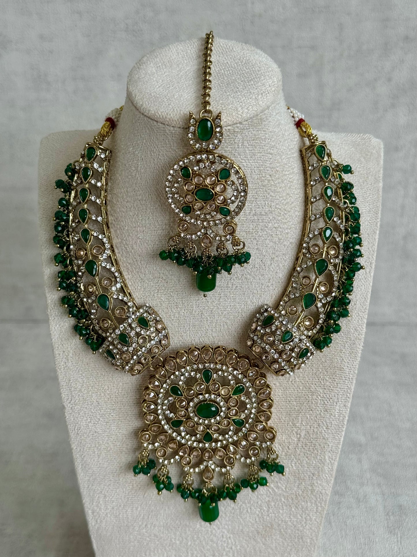 Ayura Designs Aleeza Set with Jhumkis & Tikka – Antique Finish with Champagne Polki Stones, Emerald Detailing & Beaded Drops
