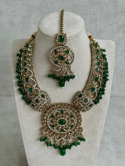 Ayura Designs Aleeza Set with Jhumkis & Tikka – Antique Finish with Champagne Polki Stones, Emerald Detailing & Beaded Drops