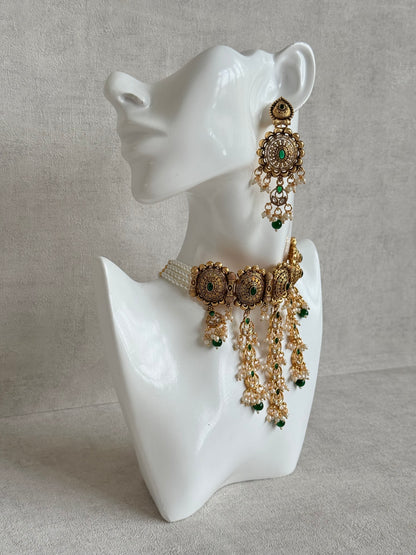 Ayura Designs Kabini Choker Set with Earrings – Gold Kundan Waterfall Choker with Emerald Green Beads & Pearls