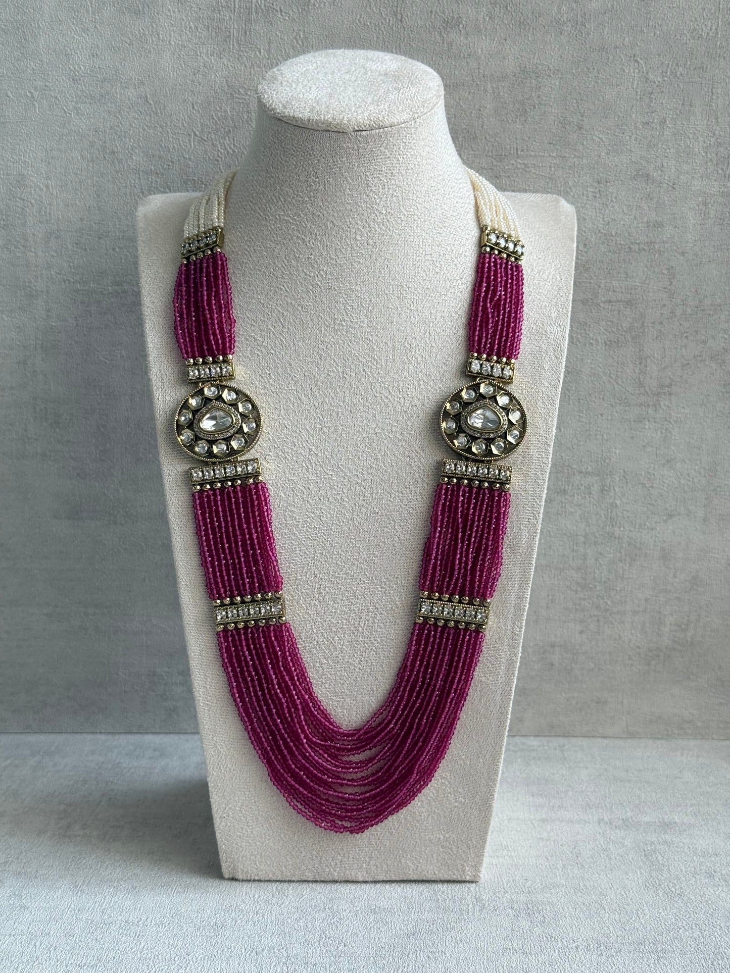 Ayura Designs Sienna Set – Long Layered Necklace & Earrings with Berry Pink Beads, Mirror-Cut Kundan & Pearl Detailing