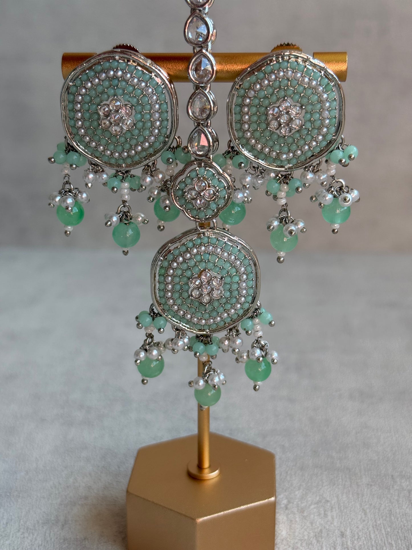 Ayura Designs Nomal Set with Earrings & Tikka – Mint Green Beads, Pearl Detailing & Silver Finish