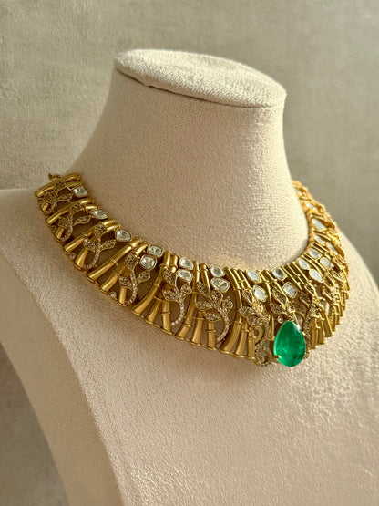 Ayura Designs Rami Collar Set with Jhumkis – Sculpted Gold Collar with Emerald Green Stone and Crystal Detailing