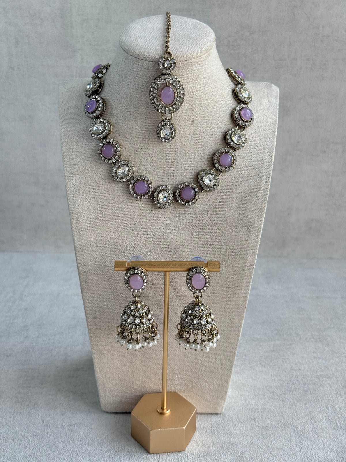 Ayura Designs Eira Necklace Set with Earrings & Tikka – Lilac & Crystal Stones with Antique Gold Finish
