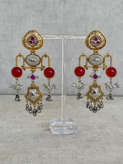 Ayura Designs Amzie Earrings - Exquisitely Handcrafted in Brass with Silver Accents, Ruby Embellishments, and Delicate Bird Motif Charms