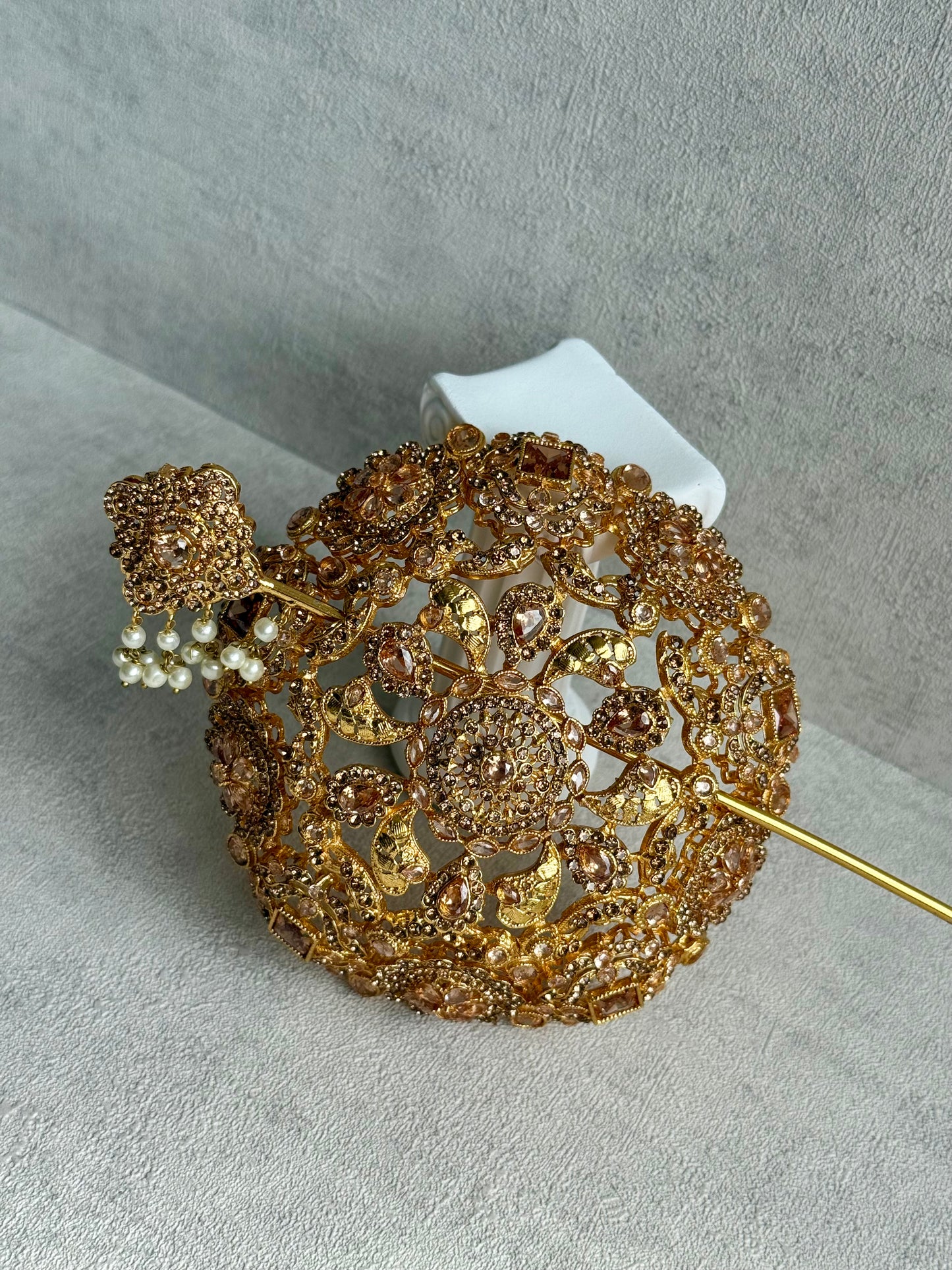 Ayura Designs Lotus Hair Bun Cover – Antique Gold with Champagne Stones & Floral Detailing
