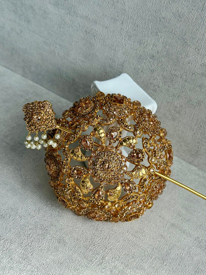 Ayura Designs Lotus Hair Bun Cover – Antique Gold with Champagne Stones & Floral Detailing