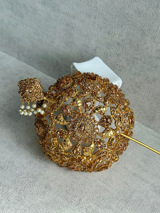 Ayura Designs Lotus Hair Bun Cover – Antique Gold with Champagne Stones & Floral Detailing