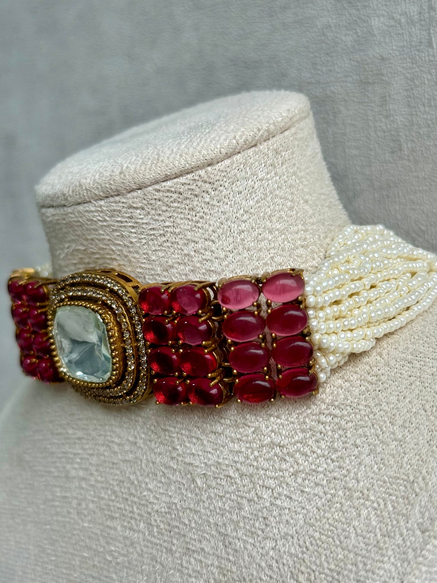 Ayura Designs Emma Choker Set – Ruby Fuchsia Gemstone Choker & Studs with Mirror-Cut Centrepiece, Pearl Strands & Crystal Borders