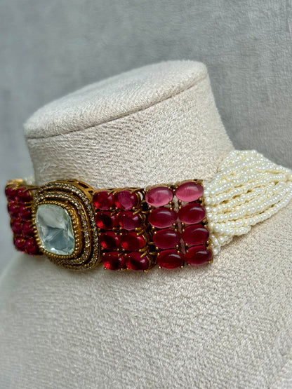 Ayura Designs Emma Choker Set – Ruby Fuchsia Gemstone Choker & Studs with Mirror-Cut Centrepiece, Pearl Strands & Crystal Borders