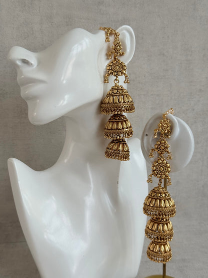 Ayura Designs Preet Sahare Jhumkis – Antique Gold Finish with Triple Dome Design