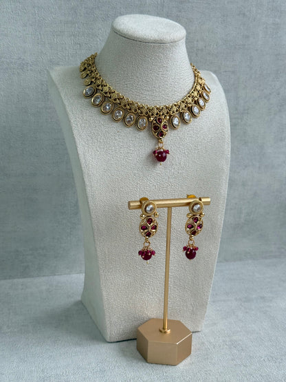 Ayura Designs Perniya Set with Necklace & Earrings – Mirror-Cut Stones with Rani Pink Accents in Antique Gold Finish