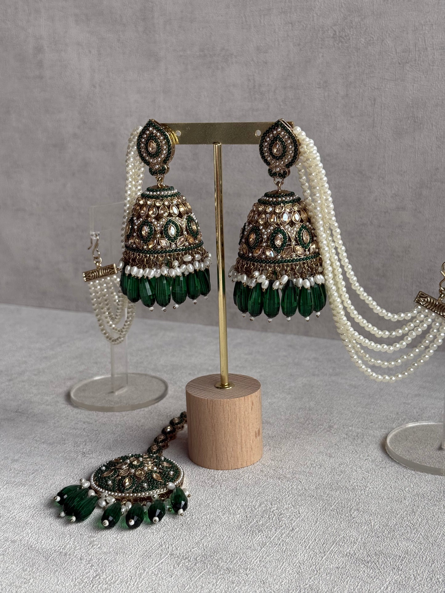 Ayura Designs Amrita Set – Jhumkis with Sahare & Tikka in Emerald Green Beads, Pearls and Antique Gold Finish