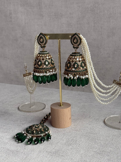 Ayura Designs Amrita Set – Jhumkis with Sahare & Tikka in Emerald Green Beads, Pearls and Antique Gold Finish