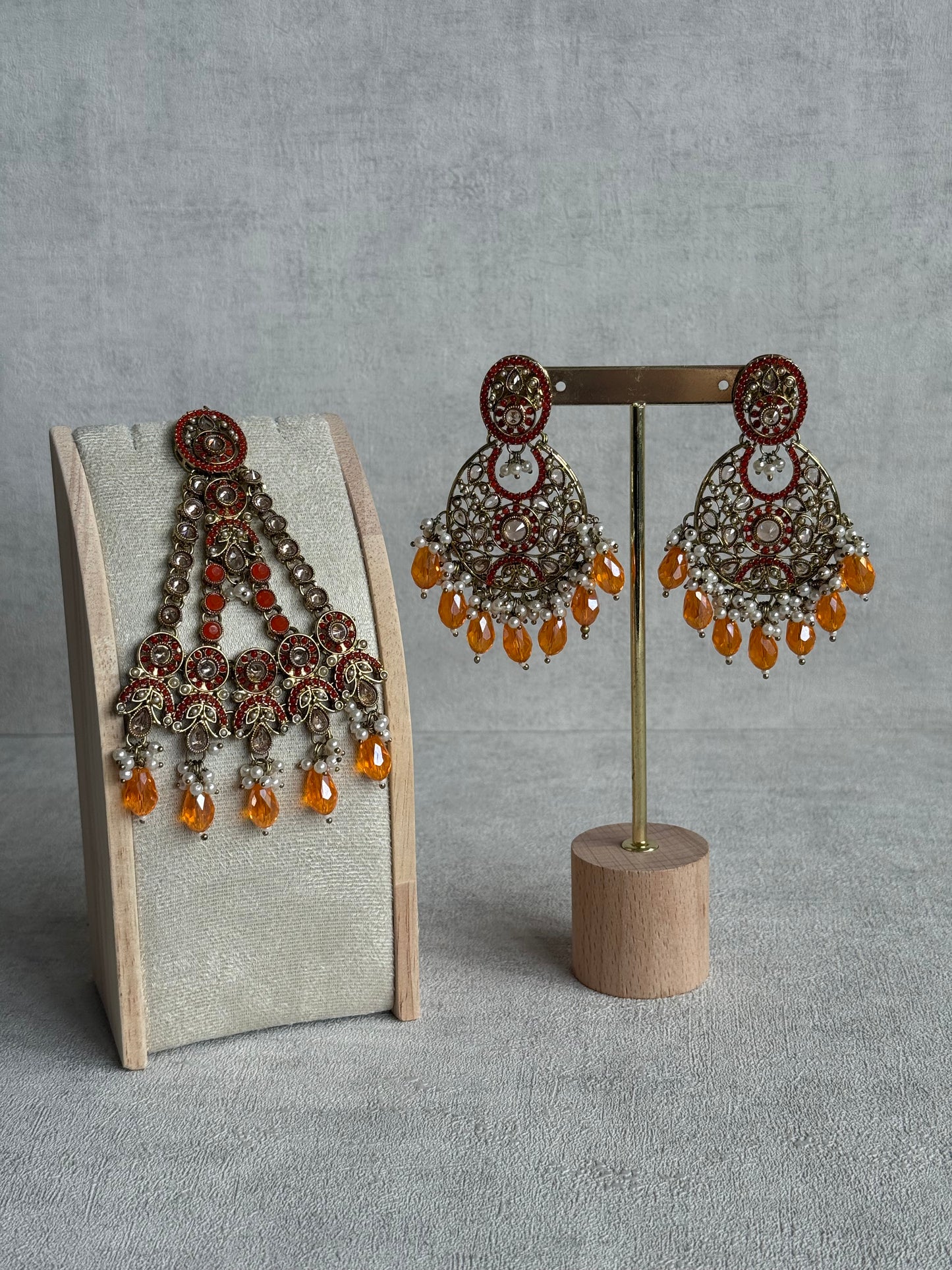 Ayura Designs Almas Tikka Set with Earrings, Tikka & Sahara – Orange Beads & Antique Gold Finish