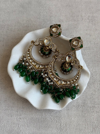 Ayura Designs Reha Earrings – Statement Chandbalis with Emerald Green Beads, Pearls & Mirror-Cut Stones