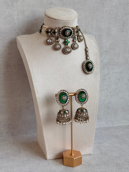 Ayura Designs Myra Choker Set with Earrings & Tikka – Emerald Green Kundan & Pearl Detailing